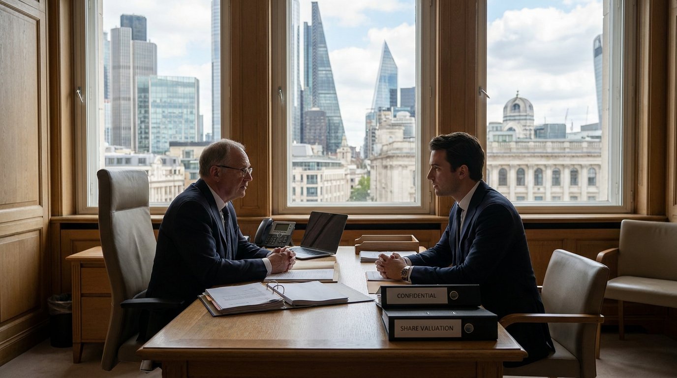 Unternehmer mit Aktenmappe spricht mit Steuerberater vor großem Fenster, europäische Skyline und Unterlagen deuten grenzüberschreitende Wegzugsplanung an.