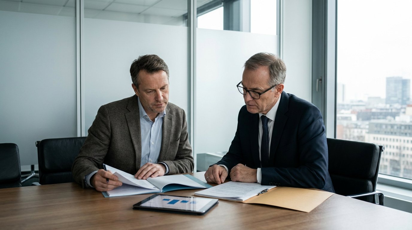 Unternehmer und Steuerberater prüfen in modernem Büro Unterlagen zum Wegzug ins Ausland, mit ernster, konzentrierter Atmosphäre.