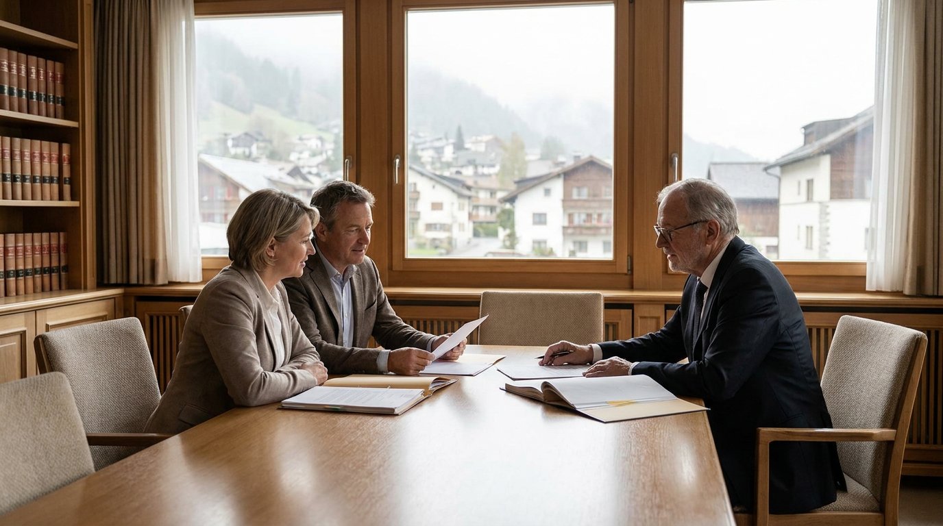 Unternehmerpaar mit Berater an einem eleganten Konferenztisch, Unterlagen zur Nachfolge- und Vermögensplanung im warmen Tageslicht.