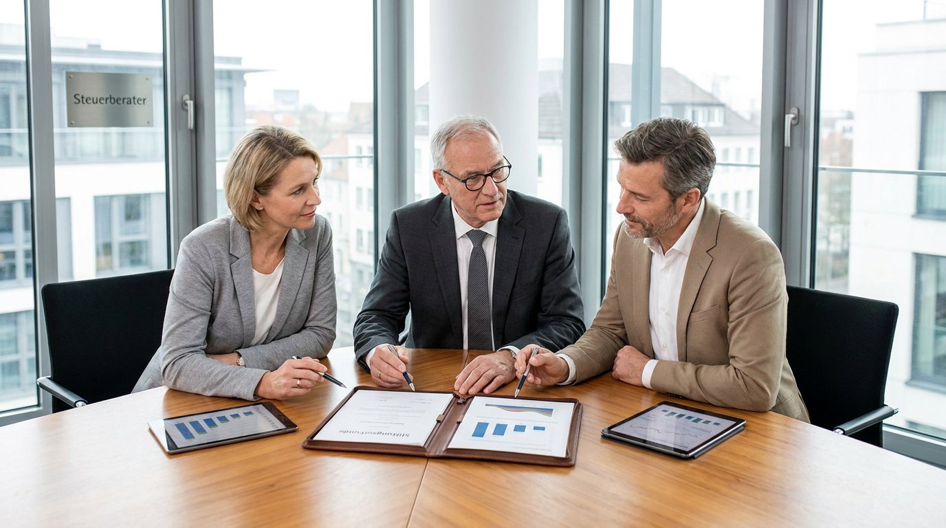 Unternehmerpaar und Steuerberater besprechen Unterlagen zur Familienstiftung an einem eleganten Konferenztisch in heller Kanzlei.