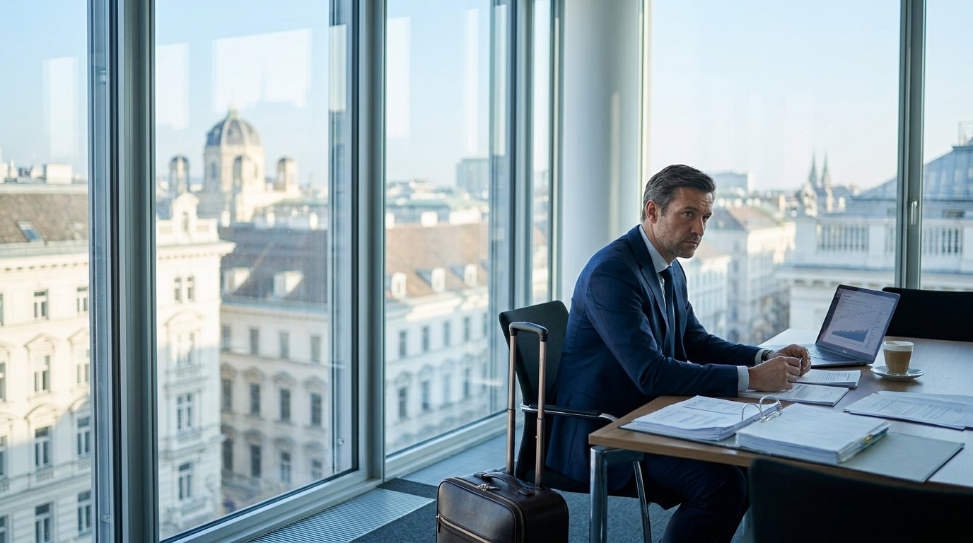 Unternehmer in modernem Büro in Wien prüft Umzugs- und Steuerunterlagen am Laptop, mit Koffer und Stadtblick bei klarem Morgenlicht.