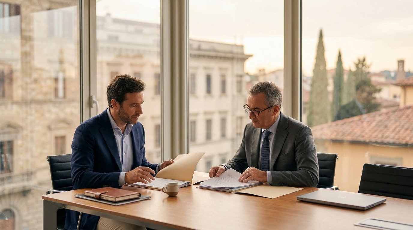 Unternehmer im eleganten Beratungsraum prüft Unterlagen für den Umzug nach Spanien, mit Stadtblick, Laptop und warmem Tageslicht.