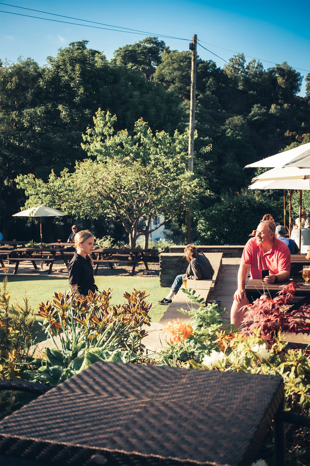 A vibrant garden scene with people enjoying the outdoors. A woman in black walks on a path, while another woman in pink tends to plants. Greenery and trees form the backdrop under a clear blue sky.