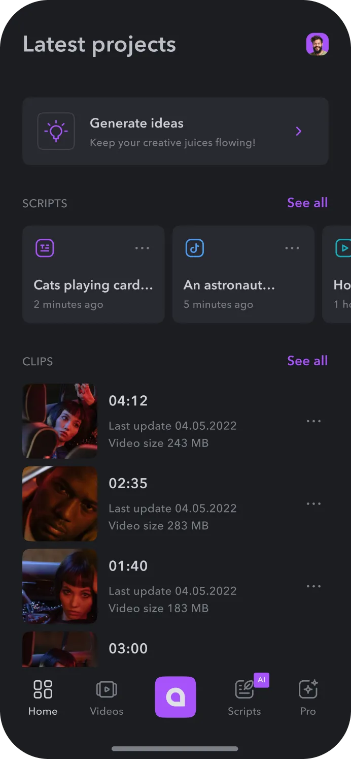 Home screen from Captions app