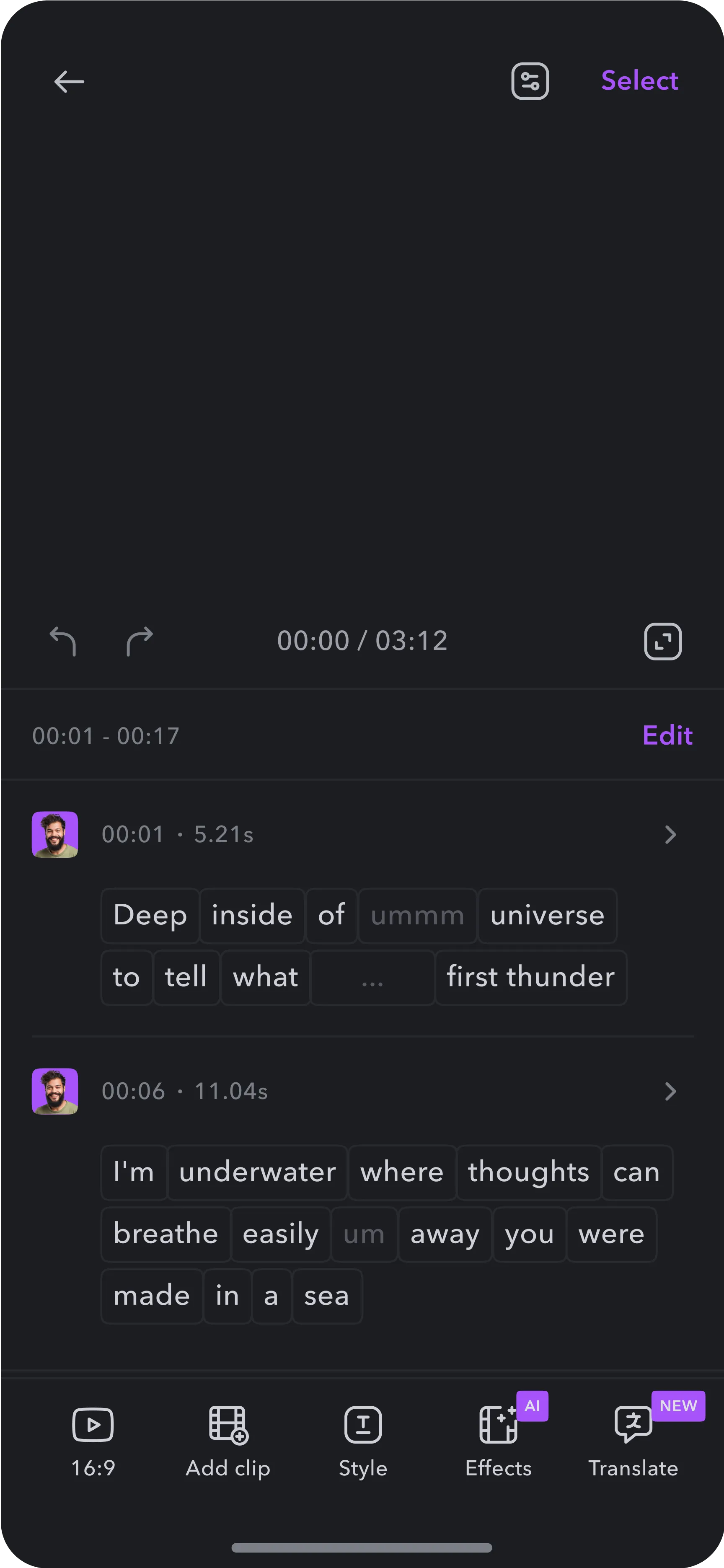 Captions App interface