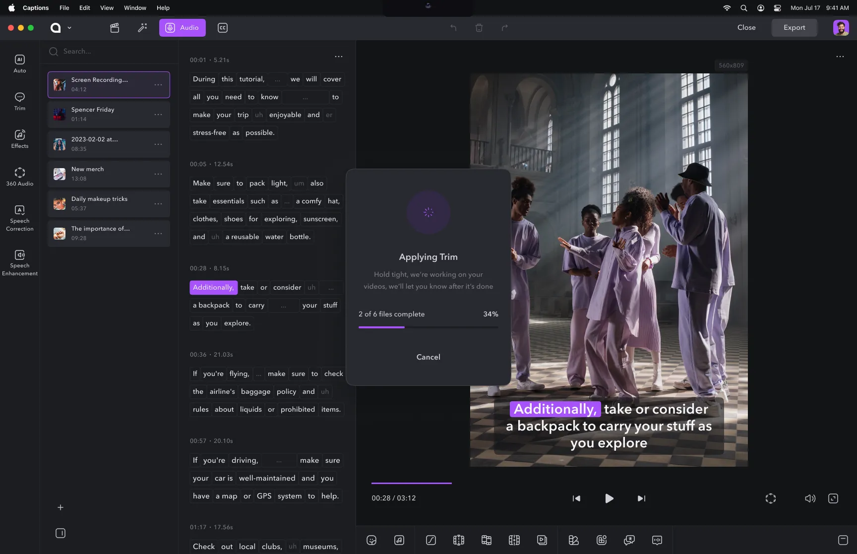 AI Trim Captions interface
