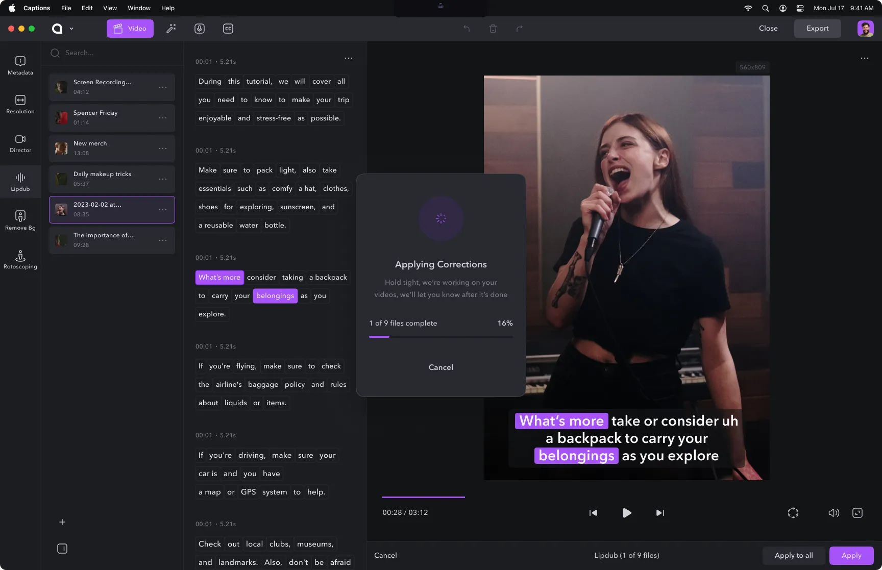 Lipdub Captions interface