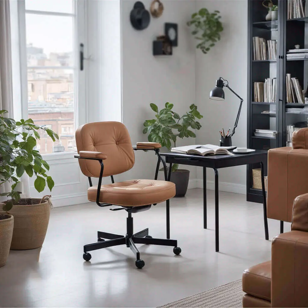 A contemporary home office/workspace featuring a tan leather office chair at a black desk with decorative plants. The bright, minimalist room has white walls, wooden floors, large windows, and a black bookcase, exemplifying modern Scandinavian interior design.
