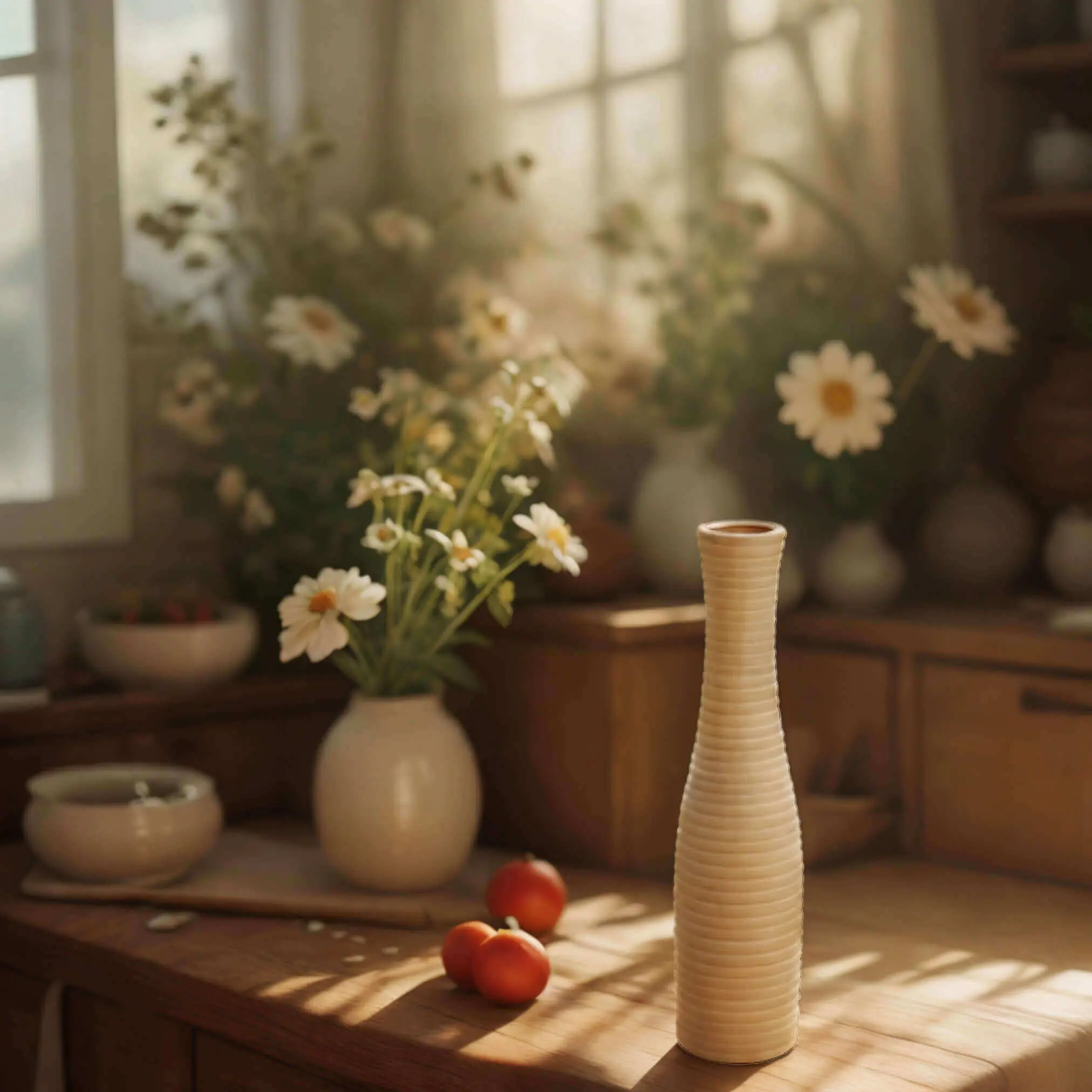 Artful still life featuring a cream-colored textured vase, white daisies in a round vase, and fresh tomatoes on a wooden surface. The warm, diffused sunlight creates a cozy, domestic atmosphere showcasing home décor items.