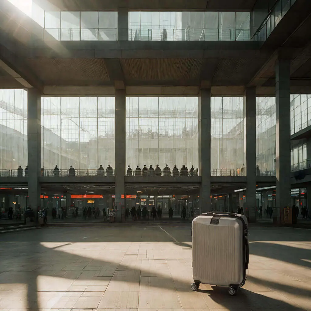 A white RIMOWA suitcase positioned in an expansive modern transportation terminal with dramatic architecture. The minimalist luggage stands alone against stone flooring with silhouettes of people visible on a mezzanine level, highlighting the product's sleek design against industrial architecture.