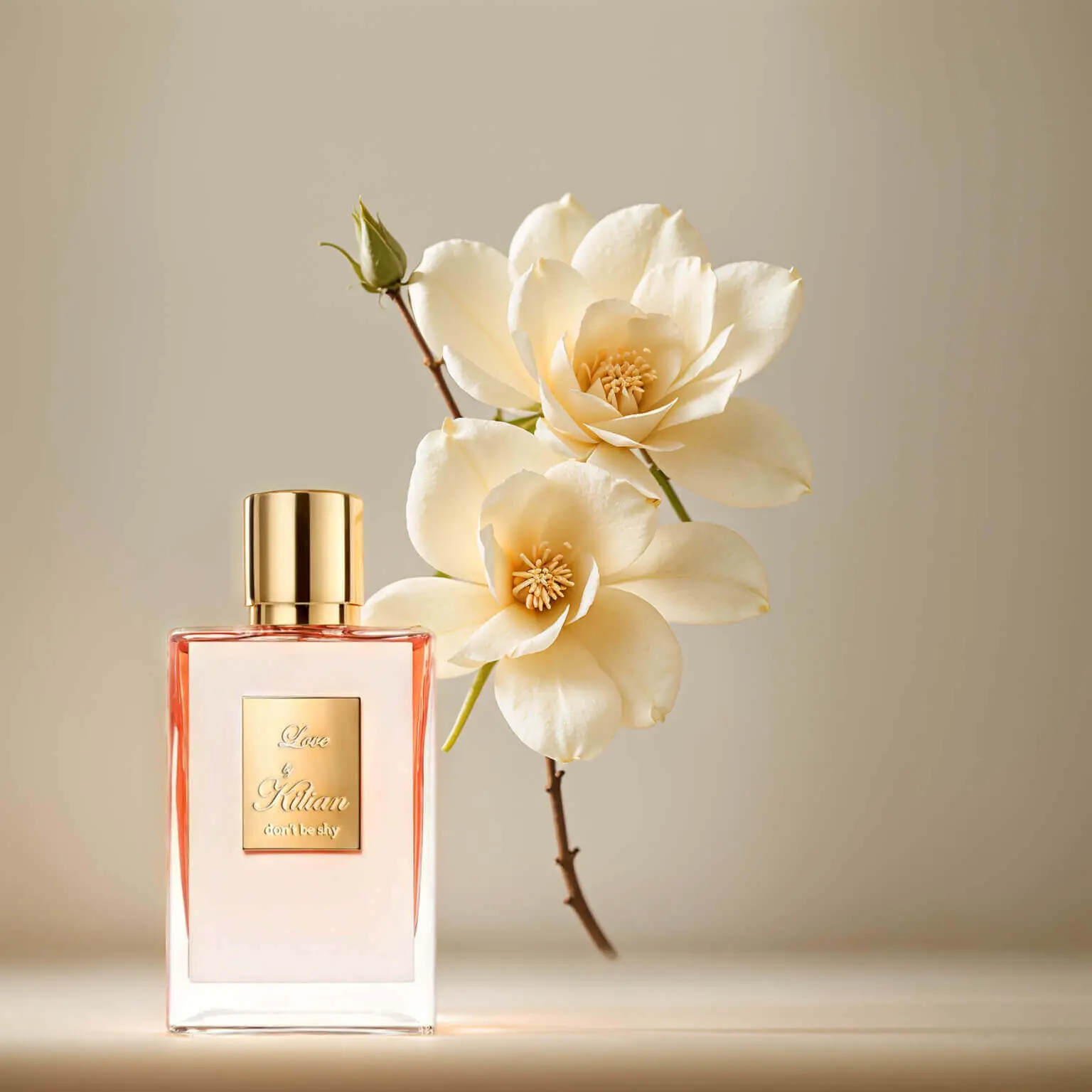 Kilian "Love" luxury perfume bottle with elegant magnolia or gardenia blooms against a neutral beige background. The rectangular bottle with gold accents and coral-pink liquid is paired with cream-colored flowers for a refined, luxurious presentation.