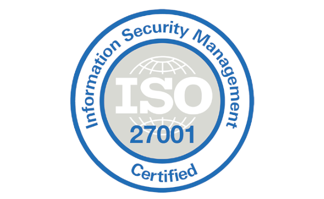 ISO 27001 Certified seal for Information Security Management, featuring a globe and blue circular border.