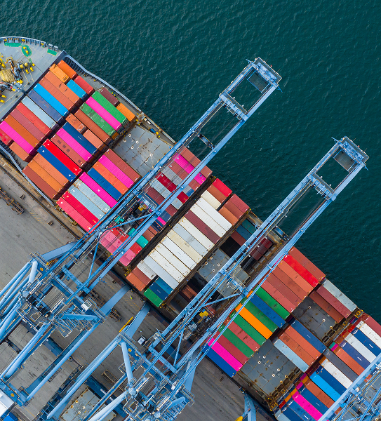 Aerial view of a container ship being loaded by cranes at a port, representing Seaway Logistics' global sea freight network.