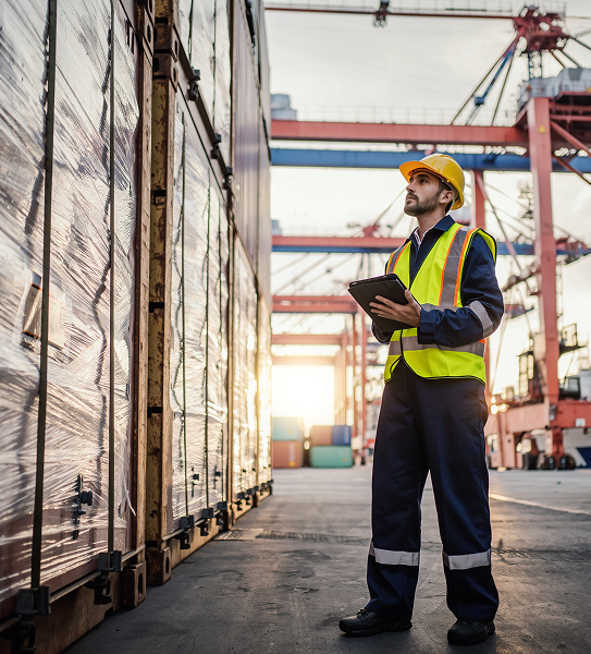 Port worker in high-visibility gear checking wrapped cargo containers with a tablet at a dockside terminal.