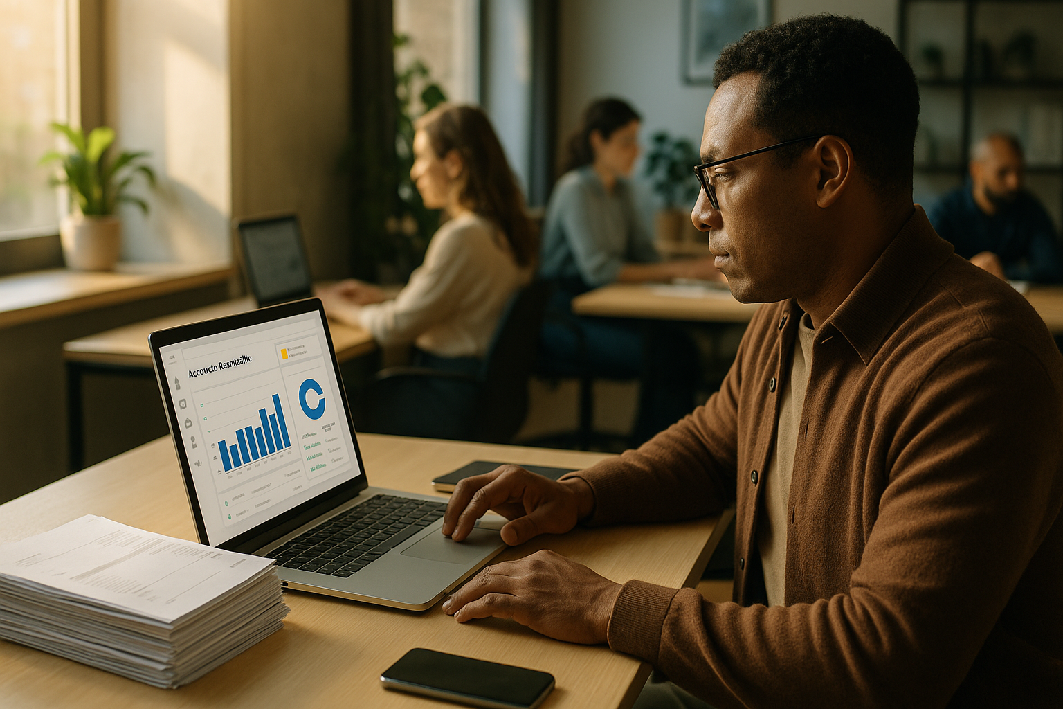 Accountant reviewing an accounts receivable dashboard on a laptop beside organized invoices in a small professional office, with a team working softly in the background.