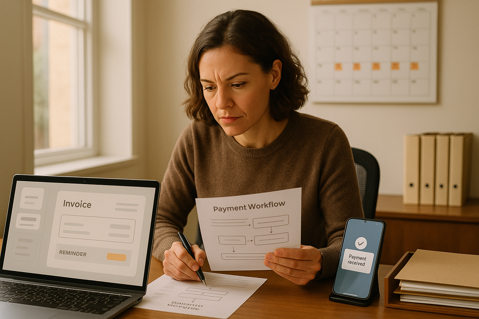 Small professional services firm owner reviewing an invoice payment workflow at a tidy desk with laptop, due-date calendar, smartphone notification, and client folders.