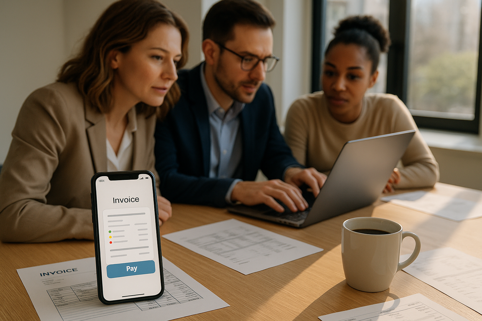 Professional services team reviews a cash-flow dashboard on a laptop while a smartphone shows an invoice payment screen and calendar reminders in a bright modern office.
