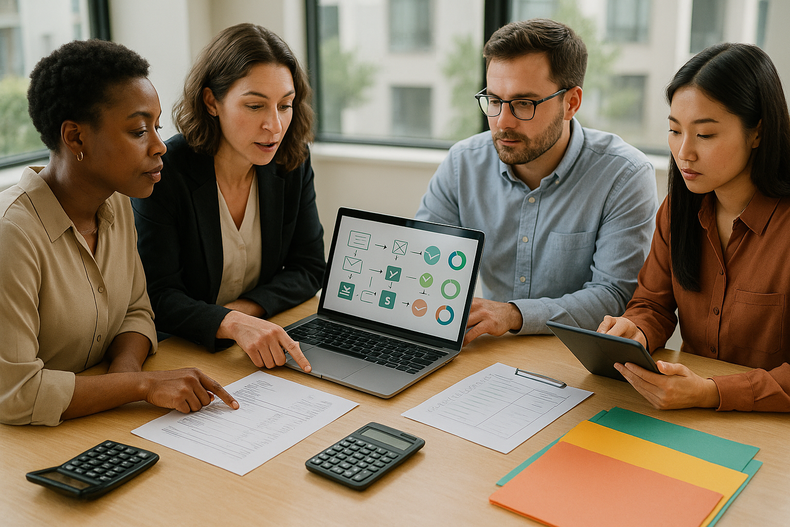 Professional services billing team reviews invoice workflow dashboards, printed invoices, approval checklist, and payment records during a controlled integration test in a bright modern office.