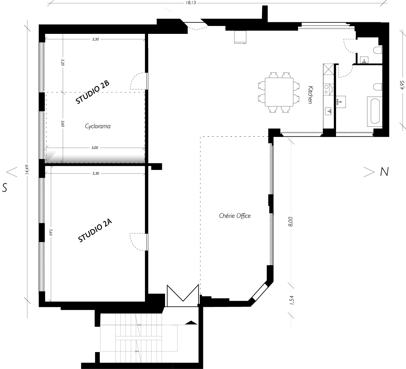 Grundriss von Studio 2 mit Studio 2A oben links, Bürobereich, zwei Besprechungsräumen, Küche und Bädern