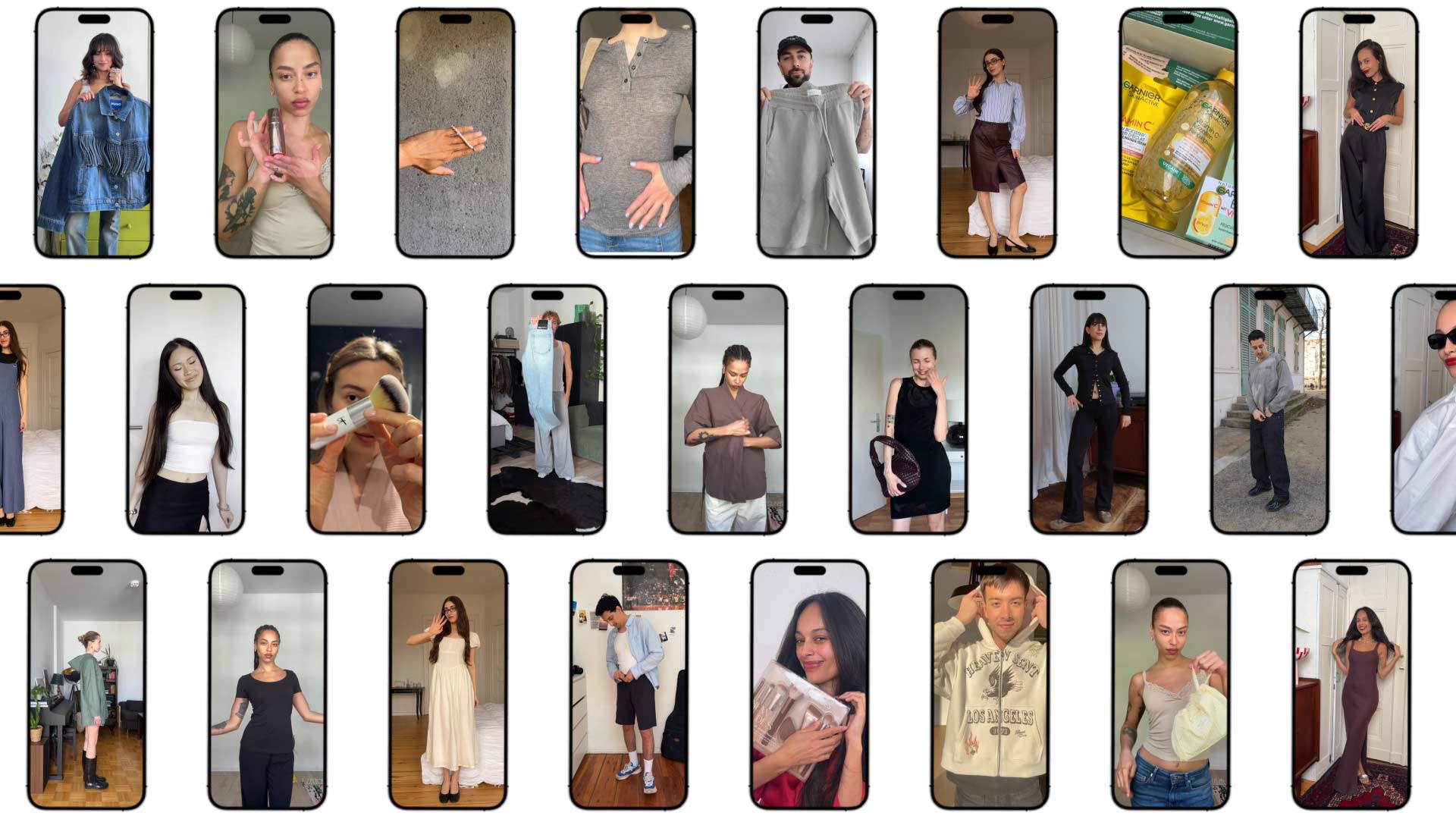 Collage of smartphone screens showing user-generated content from diverse creators trying on, styling, and reviewing fashion pieces and beauty products at home.