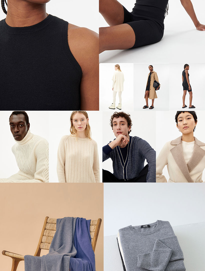 Cashmere and knitwear fashion collage featuring models in sweaters, coats, and folded premium knit garments.