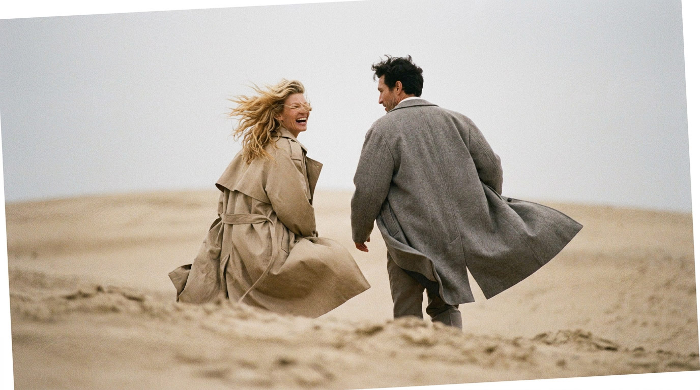 Couple in beige and grey trench coats laughing together on a windswept beach.