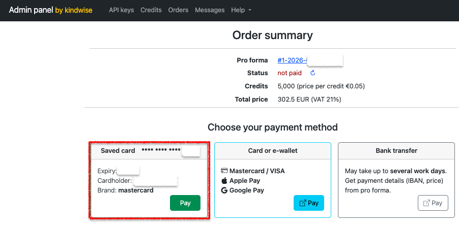 Payment options screen showing order status, with saved card payment, new card payment, and bank transfer choices.