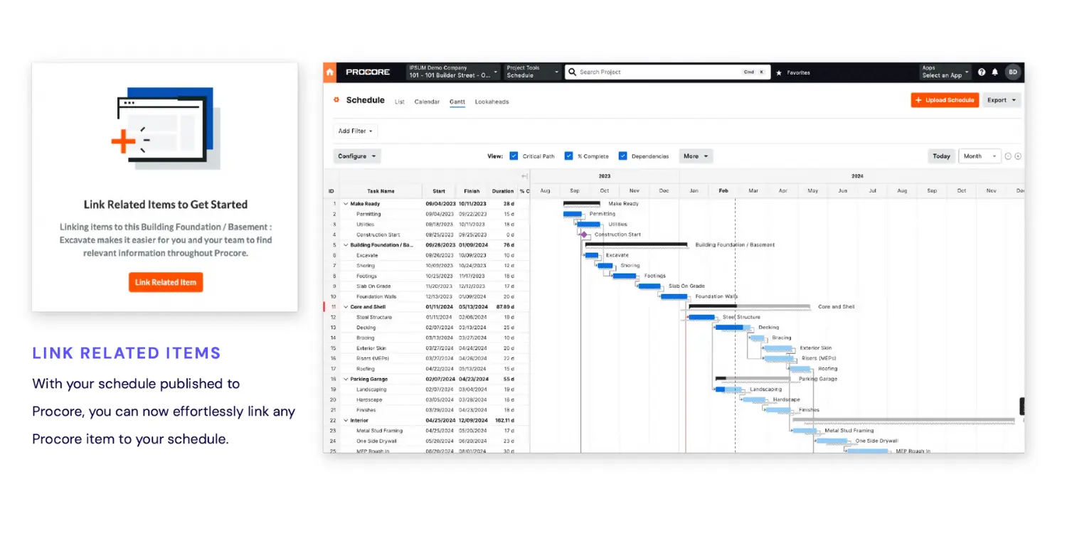 Linking related items in Procore schedule