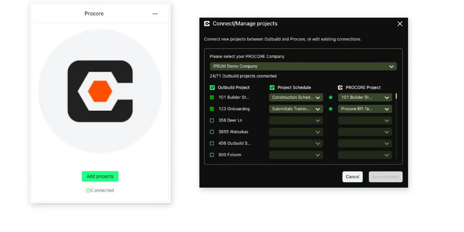 Connecting projects between Outbuild and Procore