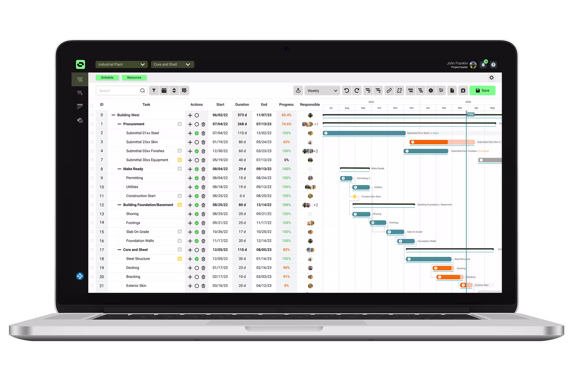 A sample Outbuild Gantt chart with clear milestones and color-coded markers on a digital screen.