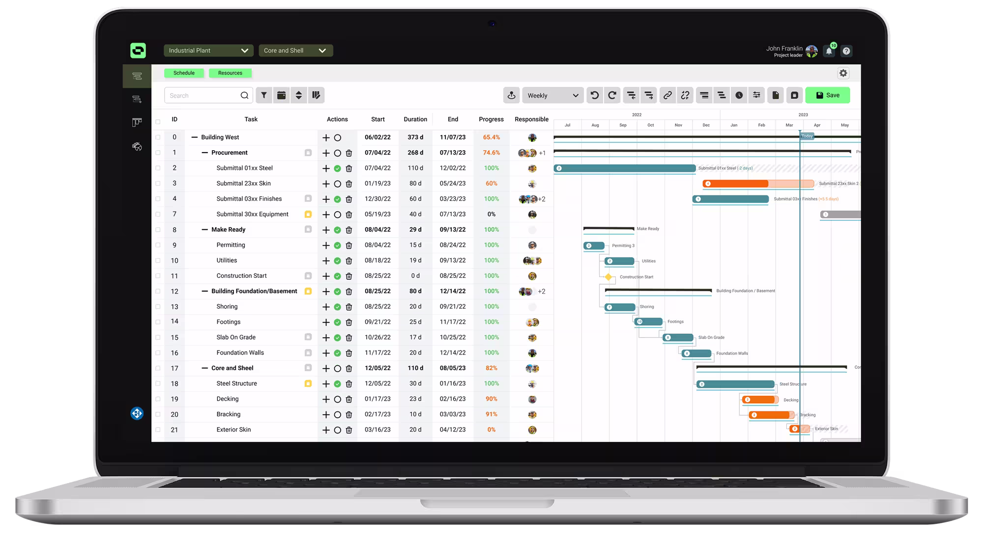 A laptop screen showing Outbuild’s construction scheduling and planning software. A Gantt chart visualizes the project timeline with tasks, durations, and progress bars for various construction phases.