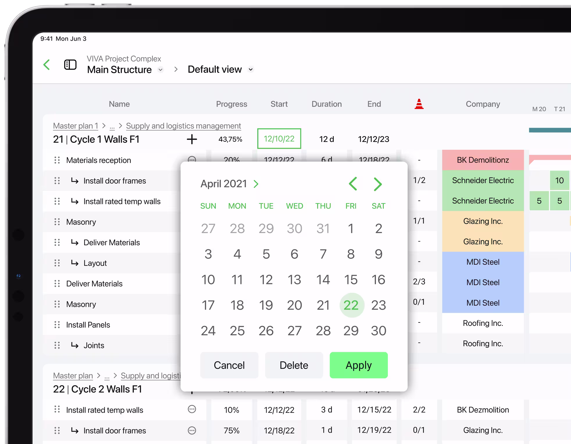 Screenshot of a construction scheduling software interface. The main view shows a Gantt-style chart with project tasks like "Cycle 1 Walls F1," sub-tasks like "Install door frames," progress bars, and assigned companies. An interactive calendar is overlaid, allowing a user to select a new date for a task.