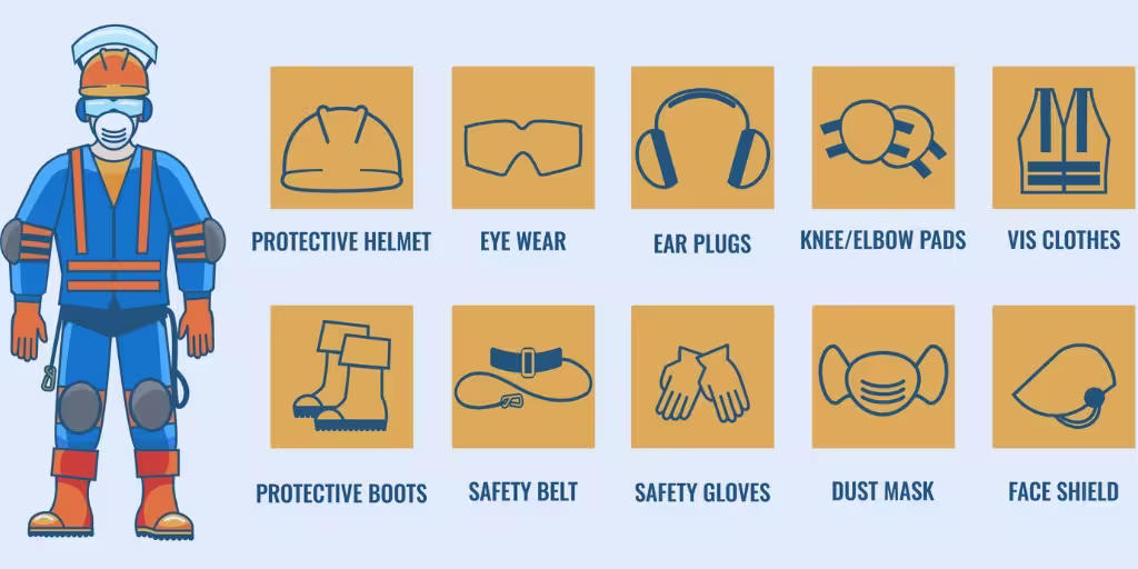 An infographic from oshaoutreachcourses.com showing various types of personal protective equipment (PPE) for construction workers, including a protective helmet, eyewear, earplugs, knee/elbow pads, vis clothes, protective boots, a safety belt, safety gloves, a dust mask, and a face shield.