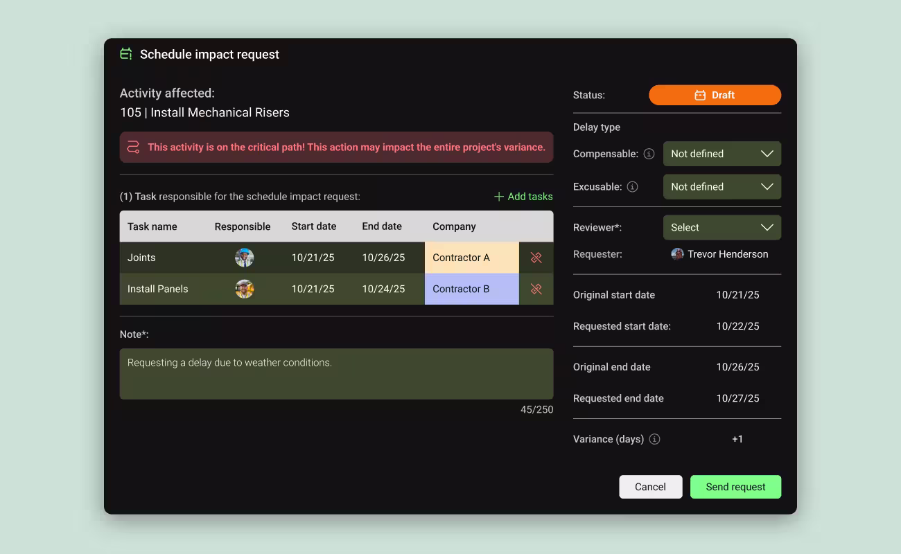 Schedule impact request user interface image