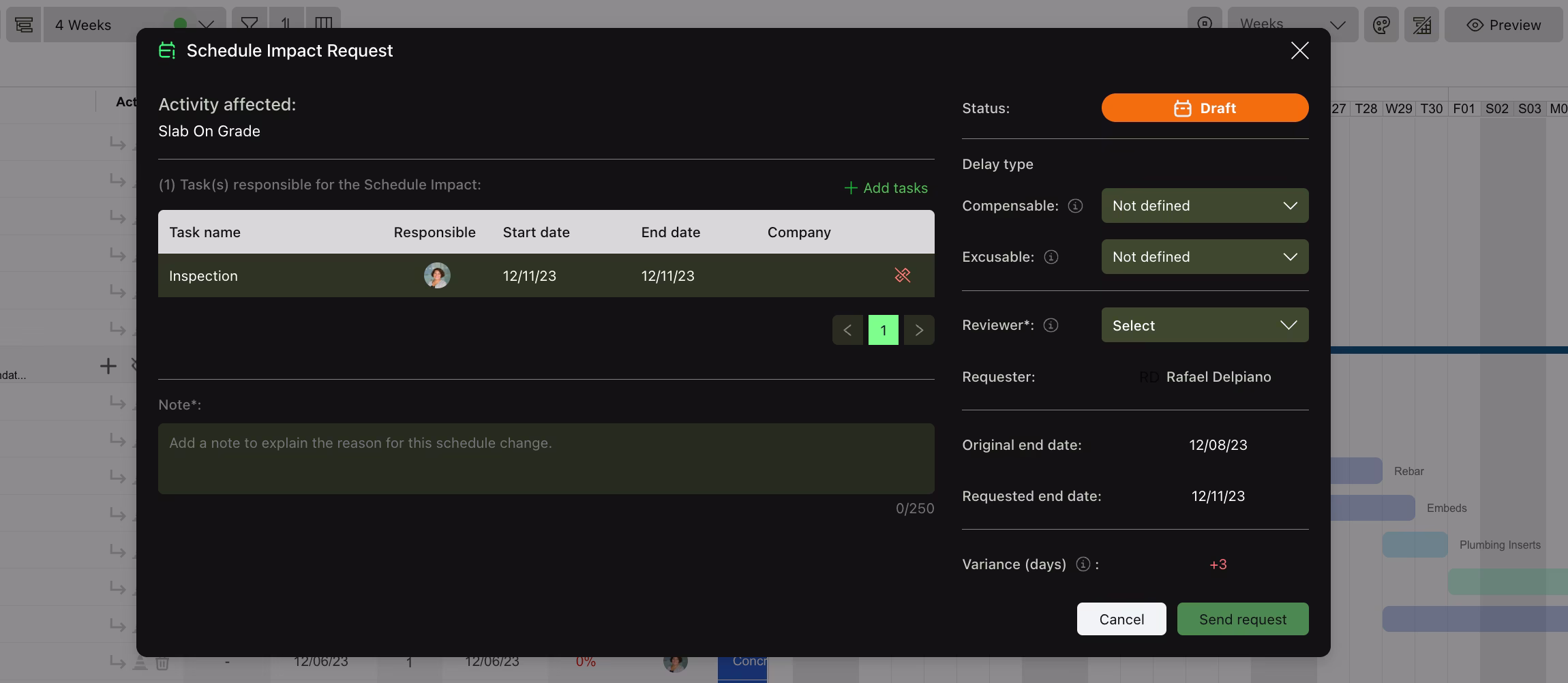 Outbuild User Interface Displaying Modification Request to the schedule. 