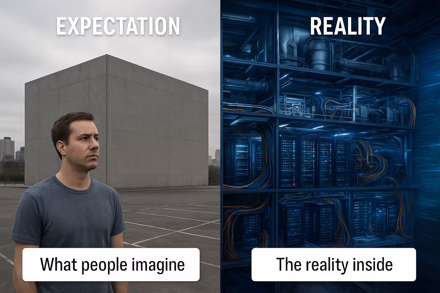 Split-screen meme: Left shows a man unimpressed by a plain concrete building labeled 'EXPECTATION.' Right shows the inside as a glowing, high-tech data center labeled 'REALITY.'"