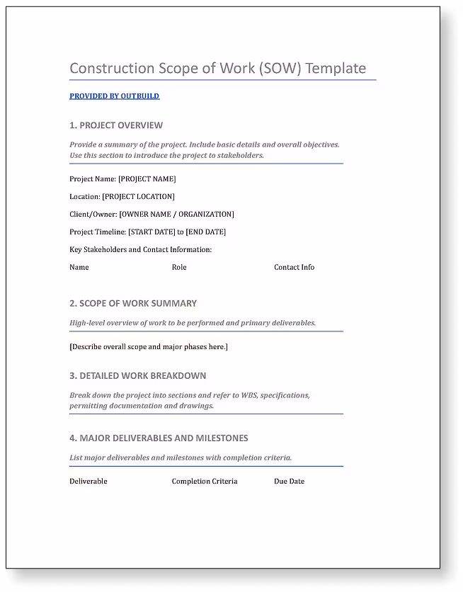 The first page of a template document containing a scope of work for construction projects