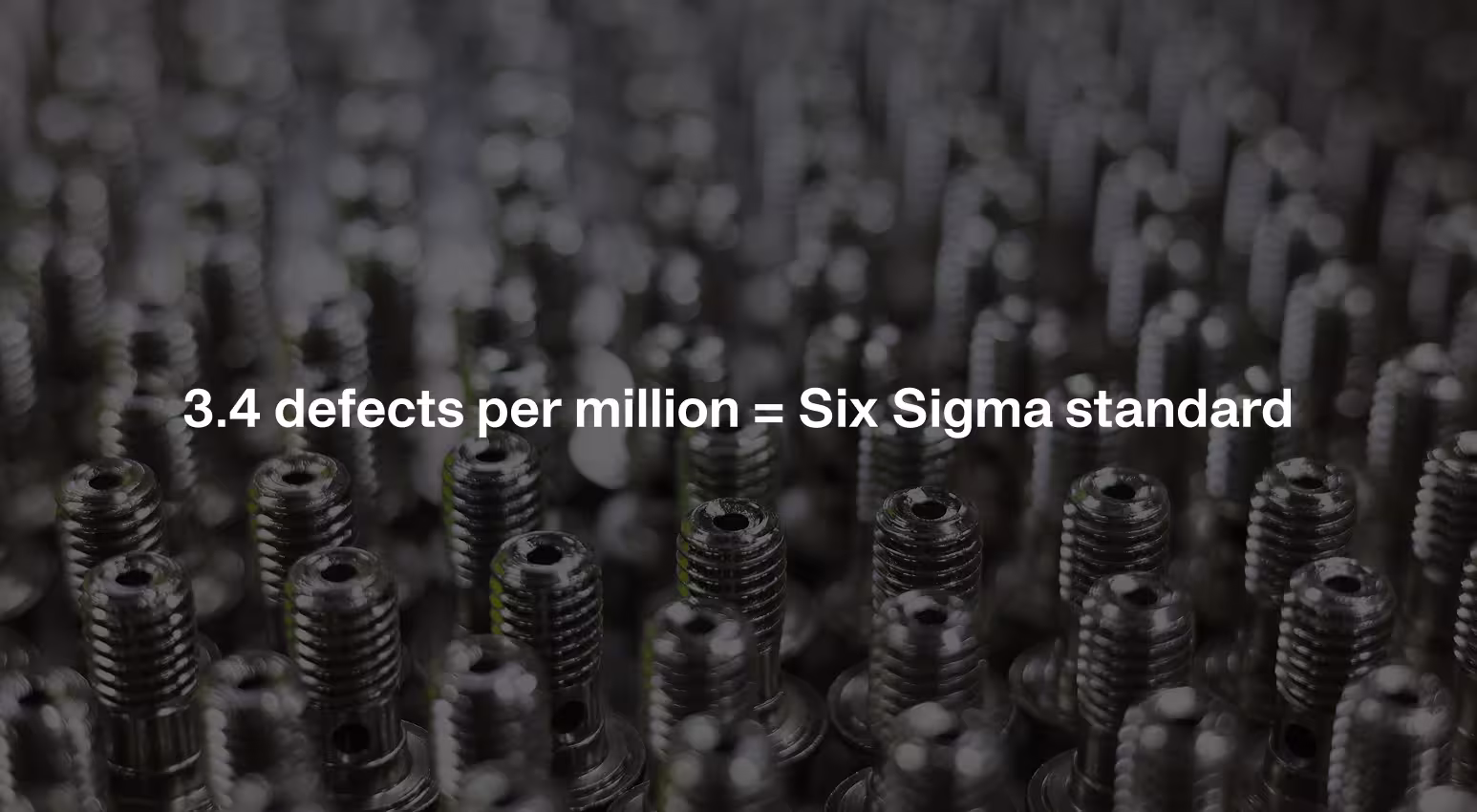 Infographic with a background image showing a pile of metal screws with a few marked in green to represent defective parts, illustrating Six Sigma’s goal of fewer than four defects per million.