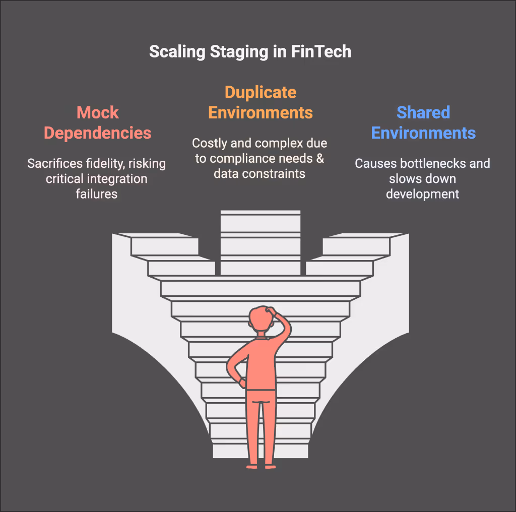 Scaling Staging in FinTech: Mock dependencies, duplicate environments or shared environments.