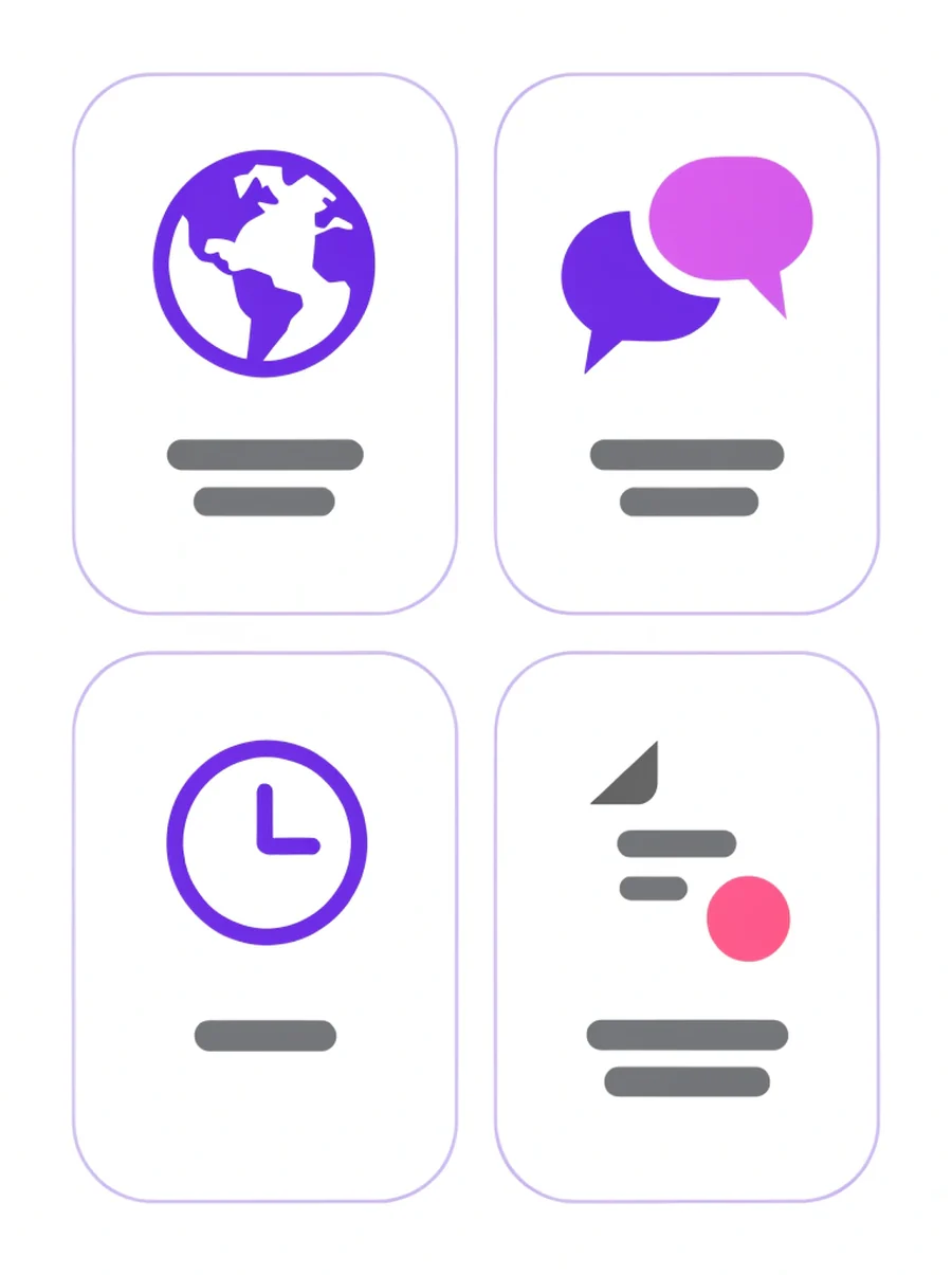 Cuatro tarjetas con un globo terráqueo, dos burbujas de conversación, un reloj y una factura con una moneda