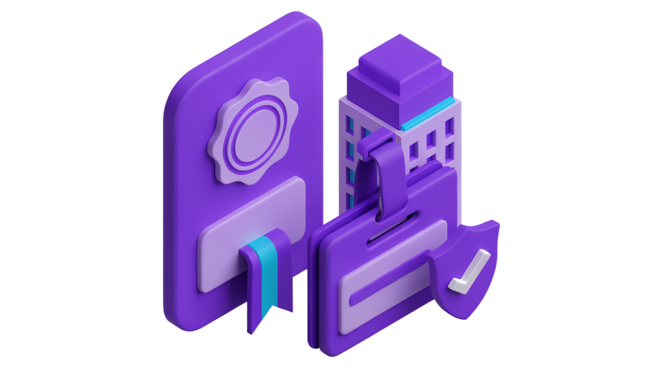 Ilustración de una constancia con sello oficial junto a una credencial de trabajador, un edificio de oficinas y un escudo de verificación