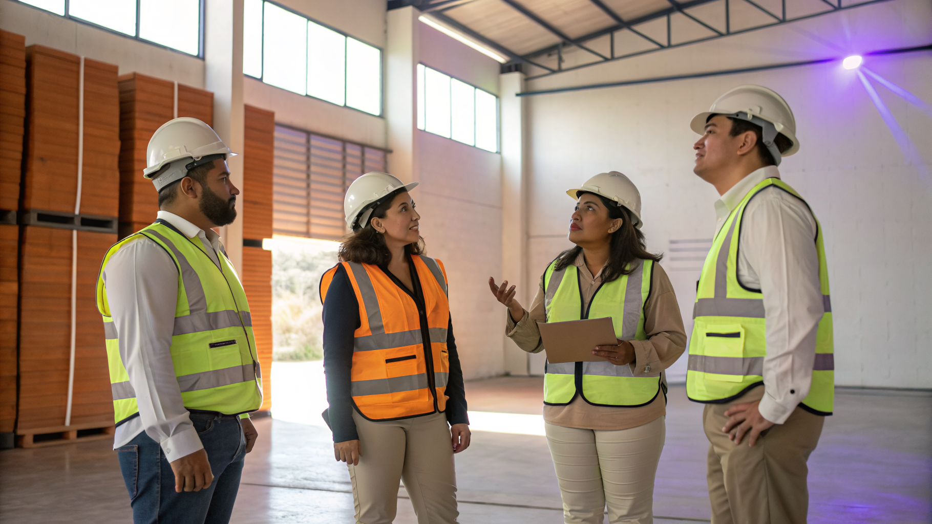 Cuatro trabajadores con chaleco reflectante y casco durante una sesión de capacitación de seguridad en una nave industrial