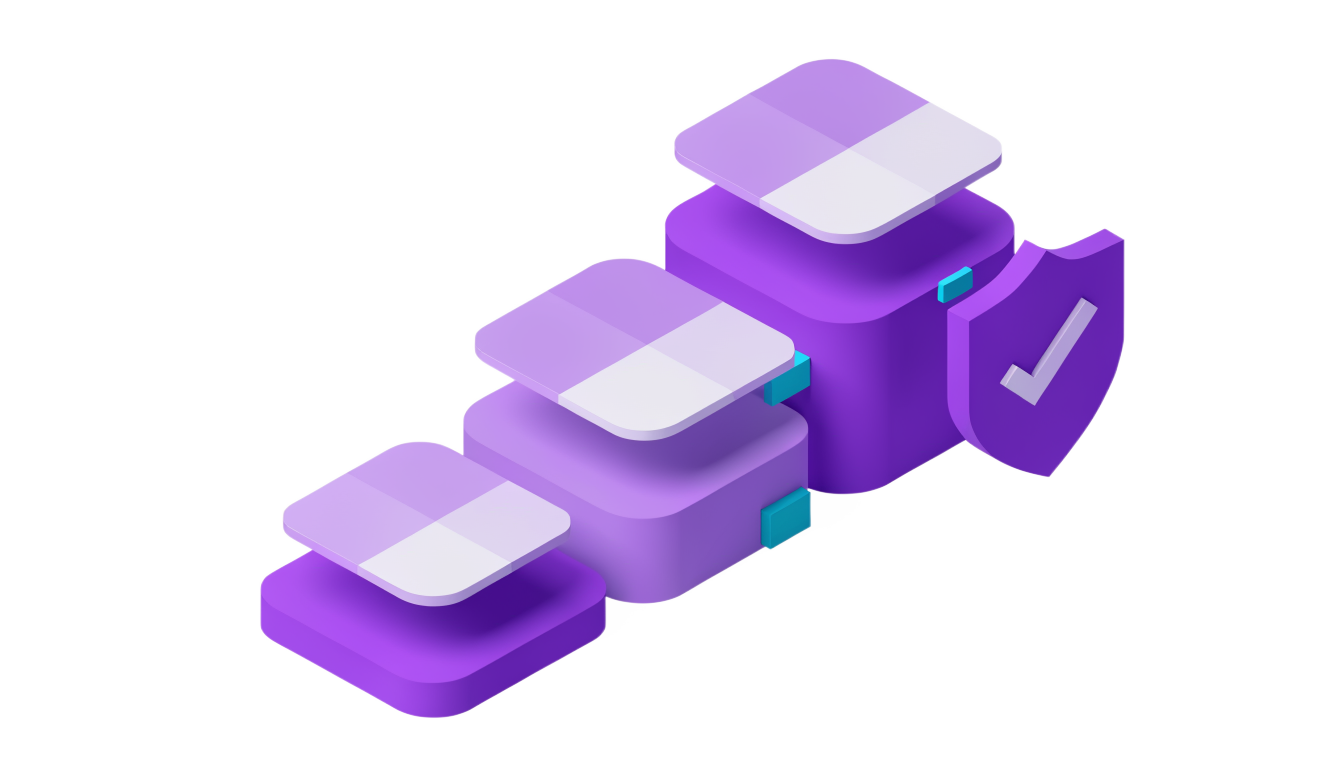 Ilustración de tres plataformas de altura creciente, cada una con un documento flotando encima, junto a un escudo con una marca de verificación