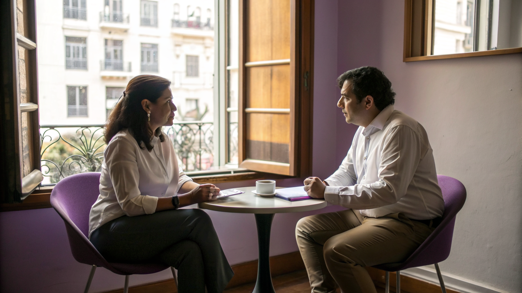Dos profesionales conversando cara a cara en una mesa pequeña junto a una ventana de oficina