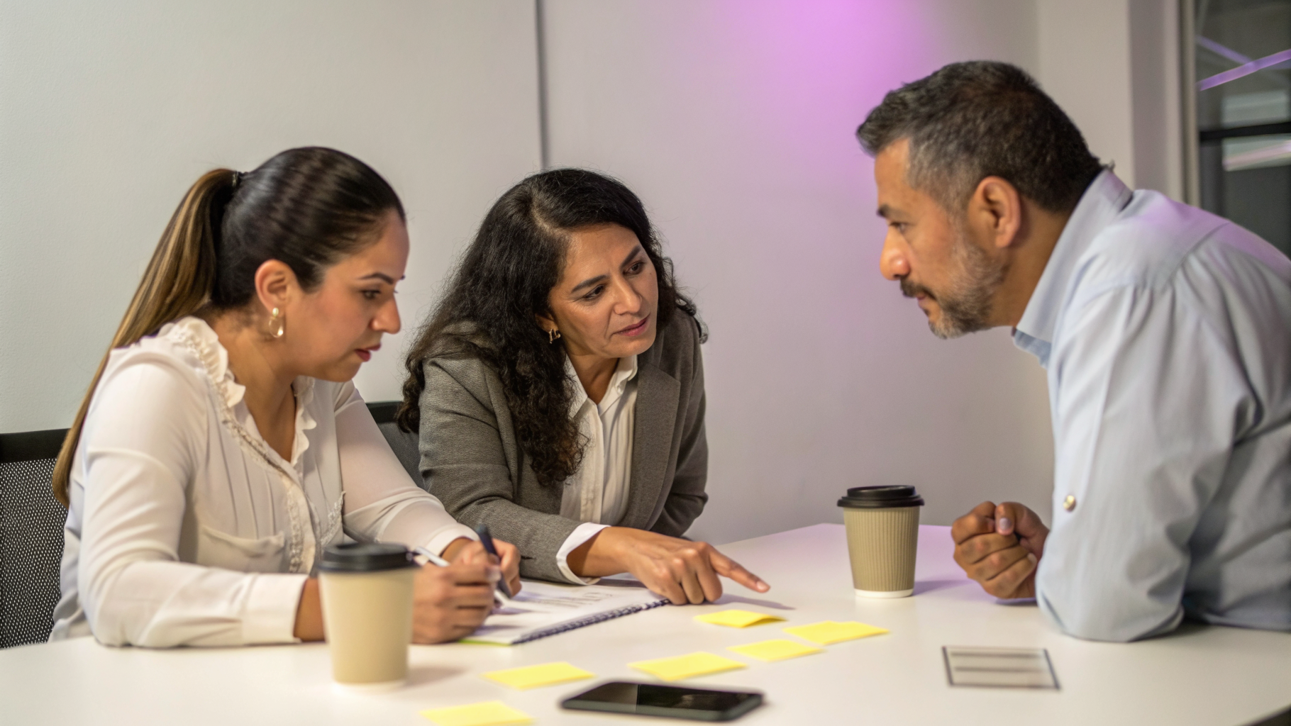 Tres profesionales revisando notas adhesivas sobre una mesa durante una reunión de trabajo