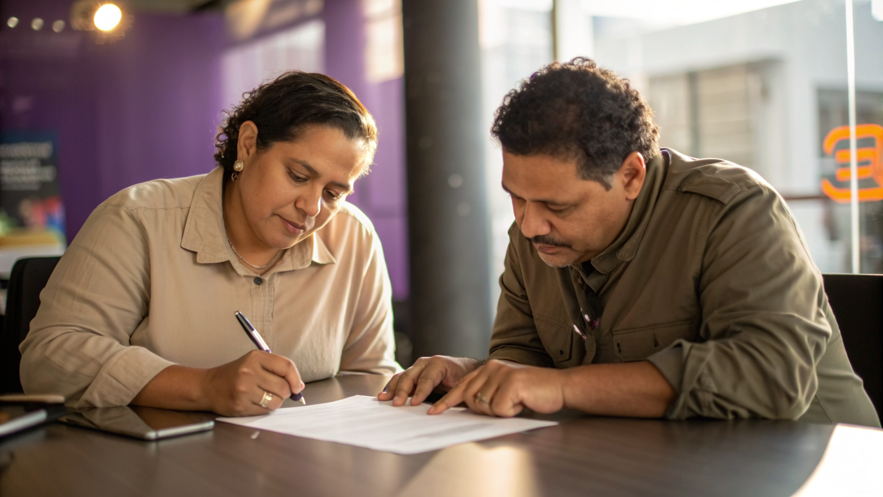 Dos profesionales sentados en una mesa revisando juntos una hoja impresa durante una conversación de evaluación