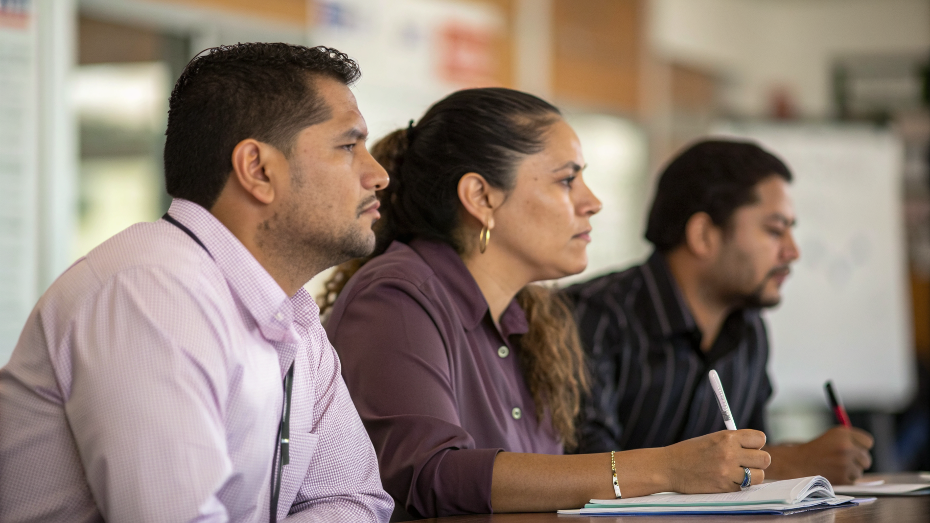 Tres profesionales sentados escuchando y tomando notas durante una sesión de capacitación interna