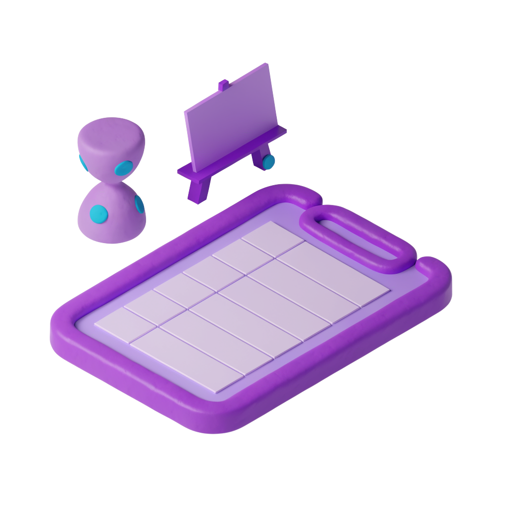 Ilustración isométrica de una tabla cuadriculada sobre un portapapeles, un reloj de arena y un caballete de presentación, en morado y turquesa