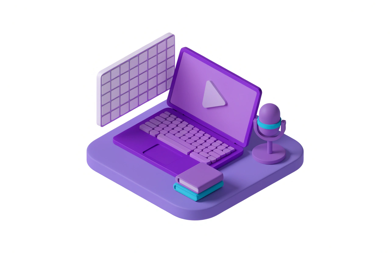Ilustracao isometrica de um notebook com botao de play, livros, uma planilha e um microfone, representando os formatos de infoproduto