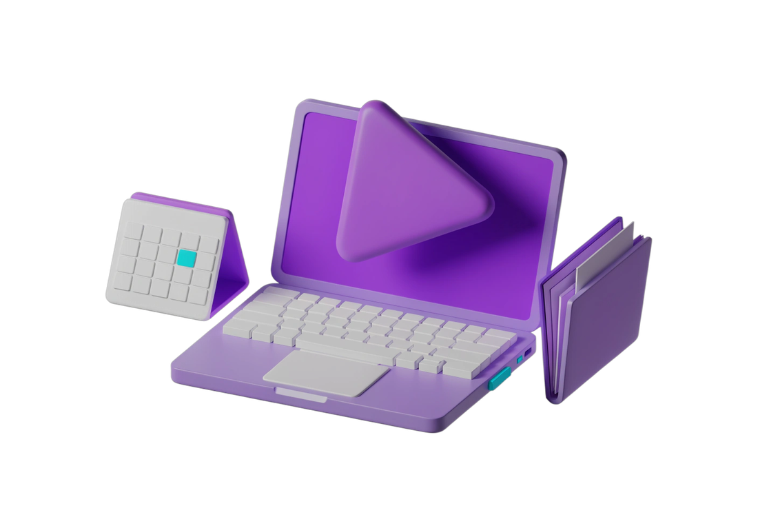 Ilustración isométrica de una laptop con un botón de reproducción, un calendario con un día marcado y una carpeta con documentos